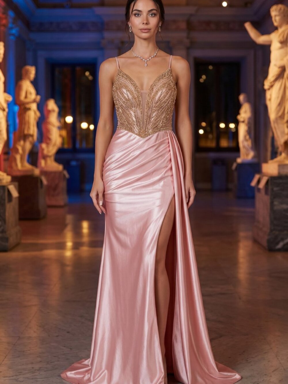 NEW BLUSH Satin & Beaded Illusion Neckline Evening Gown With Slit 8379J